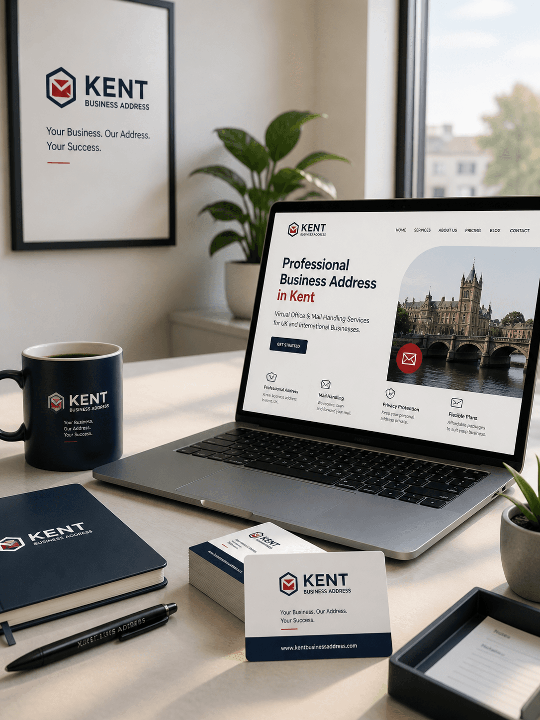 Kent Business Address branding on a desk with laptop, business card and office materials